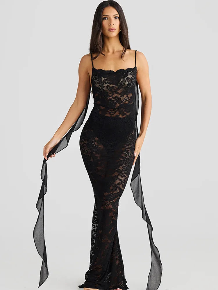 Sexy Sleeveless Lace Patchwork Print Women Backless Party Evening Dress 2024 New Trailing Long Skirt Flowing Vestido