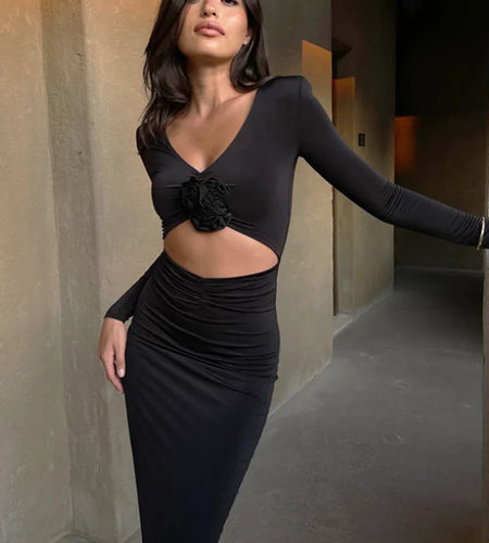 Elegant Flower Hollow Out Midi Dress For Women Black V Neck Long Sleeve Bodycon Sexy Dress Female Skinny Party Dress