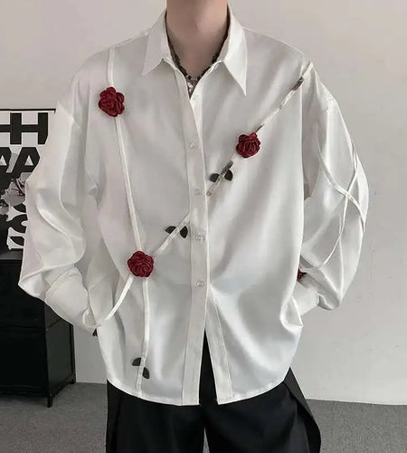 Spring Men's Shirts Three-dimensional Rose Design Lapel Contrast Color Menswear Long Sleeve Single Breasted Male Tops 9W185