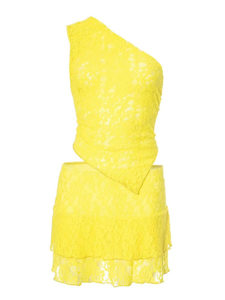 Sexy Slim Fit Women's  Two-piece Set Patchwork Irregular Lace Top And Fashion Short Skirt Two-piece Set Ladies Outfits