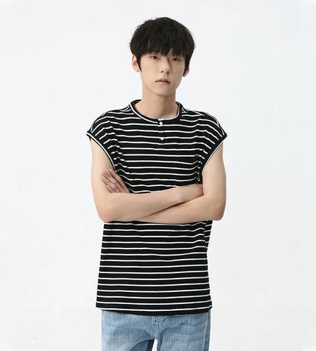 Men's Casual Tank Top Korean Style Simple Striped Shoulder Pads Sleeveless Fashion Color Contrast Crewneck Male Vest C