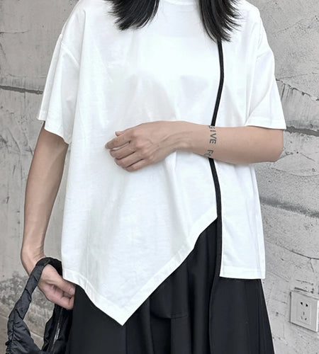 Women White Color-block Irregular Big Size T-shirt New Round Neck Half Sleeve Fashion Tide Spring Summer 2025 1DF9733