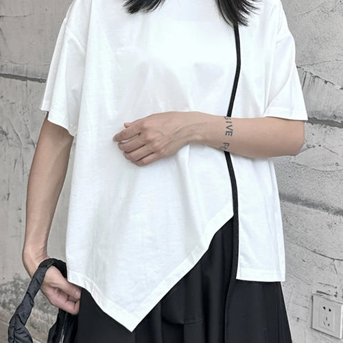 Load image into Gallery viewer, Women White Color-block Irregular Big Size T-shirt New Round Neck Half Sleeve Fashion Tide Spring Summer 2025 1DF9733
