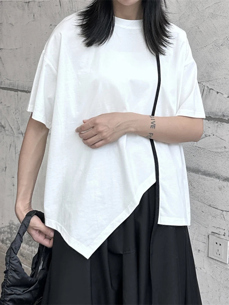 Women White Color-block Irregular Big Size T-shirt New Round Neck Half Sleeve Fashion Tide Spring Summer 2025 1DF9733
