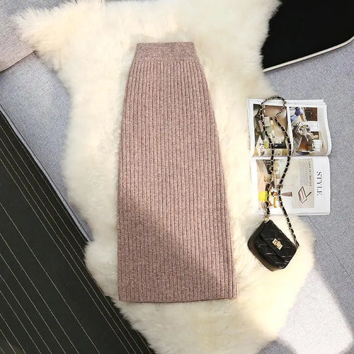 Load image into Gallery viewer, Sweater Knitted Skirt Women Autumn Winter Simple Style A-line Skirt Female Elegant Fashion High Waist Midi Skirts Lady
