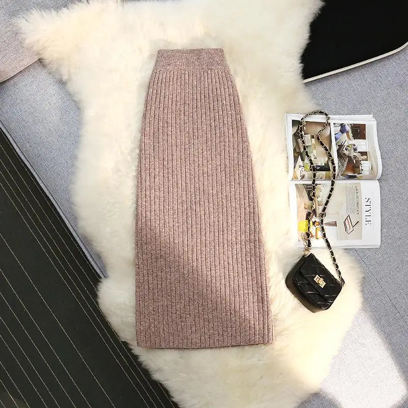Sweater Knitted Skirt Women Autumn Winter Simple Style A-line Skirt Female Elegant Fashion High Waist Midi Skirts Lady