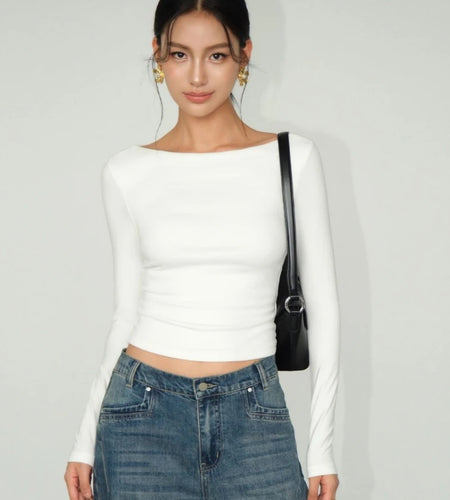 Harajuku White Simple Long Sleeve T-shirt Women Slash Neck Y2k Aesthetic Grunge Crop Tees Streetwear Slim Fit Autumn Tshirts