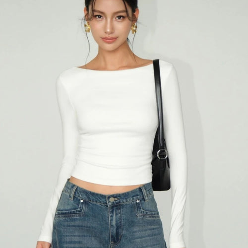 Load image into Gallery viewer, Harajuku White Simple Long Sleeve T-shirt Women Slash Neck Y2k Aesthetic Grunge Crop Tees Streetwear Slim Fit Autumn Tshirts
