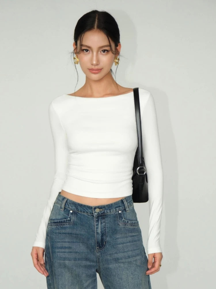 Harajuku White Simple Long Sleeve T-shirt Women Slash Neck Y2k Aesthetic Grunge Crop Tees Streetwear Slim Fit Autumn Tshirts