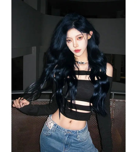 Y2k T Shirts for Women Long Sleeve Off Shoulder Sexy Crop Tops Fashion Summer Tees Hollow Out Casual White Tshirt Ropa Mujer