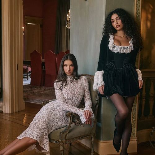 Load image into Gallery viewer, Lace Long Sleeve Sexy Midi Dress For Women Elegant White Half High Collar High Waist Bodycon Club Party Sexy Long Dress
