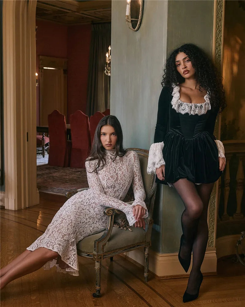 Lace Long Sleeve Sexy Midi Dress For Women Elegant White Half High Collar High Waist Bodycon Club Party Sexy Long Dress