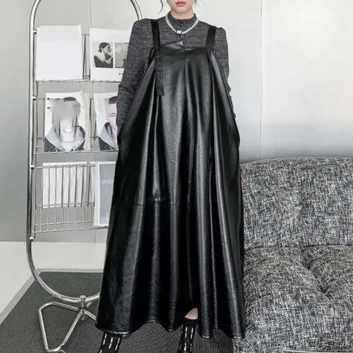 Load image into Gallery viewer, Women Black Pu Leather Big Size Casual Strap Dress New Square Collar Sleeveless Fashion Tide Spring Autumn 2025 1DH5160
