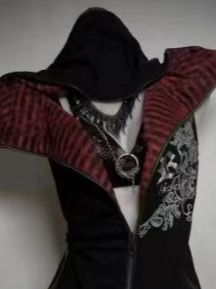 Harajuku Casual Women Printing Vest Coat Grunge Streetwear Sleeveless Patchwork Hooded Coats Y2k Aesthetic Zipper Pocket Jackets