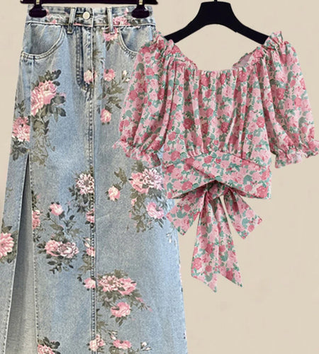 Women Summer Sweet Pink Print Skirts Two Pieces Set Korean Puff Sleeve Bandage Floral Top And Side Split Retro Denim Skirts Sets