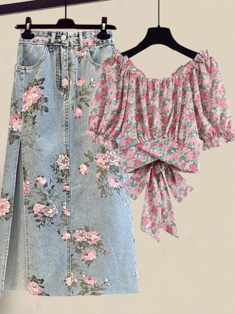 Women Summer Sweet Pink Print Skirts Two Pieces Set Korean Puff Sleeve Bandage Floral Top And Side Split Retro Denim Skirts Sets