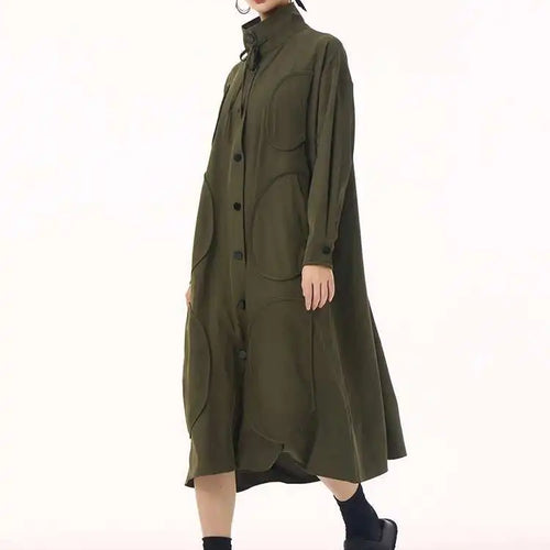 Load image into Gallery viewer, Women Army Green Patch Drawstring Big Size Midi Dress New Stand Collar Long Sleeve Fashion Tide Spring Autumn 2025 1DH9211
