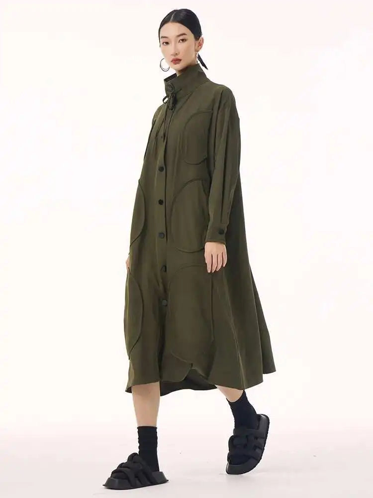Women Army Green Patch Drawstring Big Size Midi Dress New Stand Collar Long Sleeve Fashion Tide Spring Autumn 2025 1DH9211
