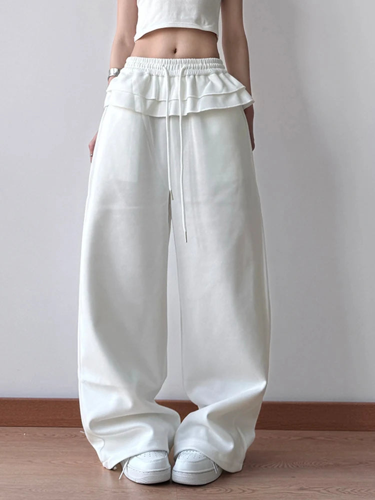 High Elastic Waist Gray Ruffles Drawstring Wide Leg Pants New Trousers Women Fashion Tide Spring Autumn 2025 1DH9617