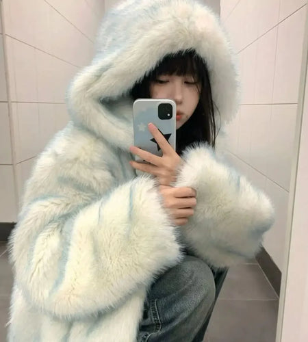 Sweet Furry Jackets for Women Winter Clothing Fashion Gradient Thicked Outwear Hooded Warm Korean Coat Y2k Tops 2024 Ropa Mujer