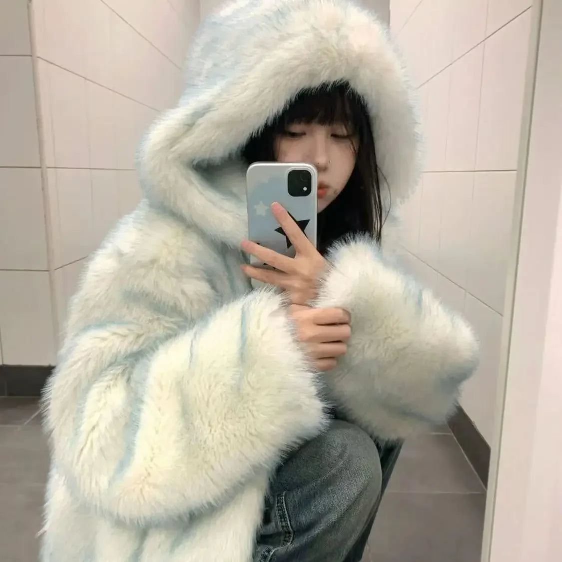 Sweet Furry Jackets for Women Winter Clothing Fashion Gradient Thicked Outwear Hooded Warm Korean Coat Y2k Tops 2024 Ropa Mujer