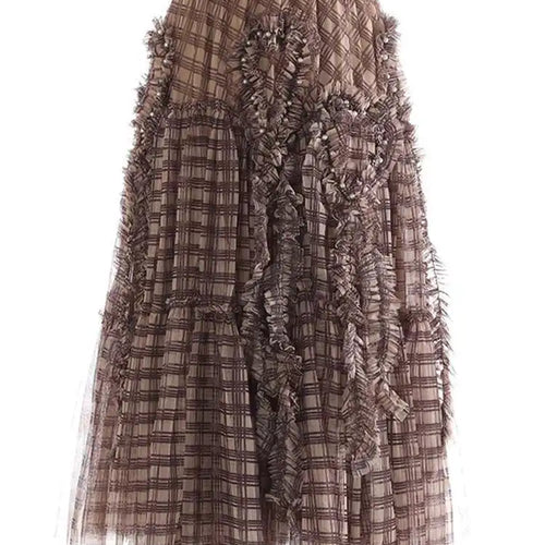 Load image into Gallery viewer, High Elastic Waist Brown Plaid Ruffles Tassels A-line Half-body Skirt Women Fashion Tide New Spring Autumn 2025 1DH9355
