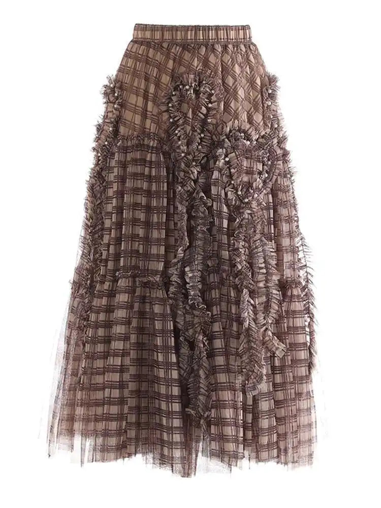 High Elastic Waist Brown Plaid Ruffles Tassels A-line Half-body Skirt Women Fashion Tide New Spring Autumn 2025 1DH9355