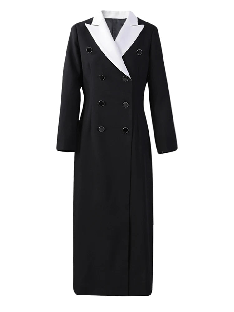 Women Color-block Double Breasted Long Elegant Blazer New Lapel Long Sleeve Jacket Fashion Spring Autumn 2025 7AB6826