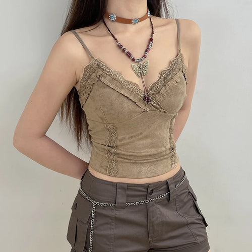 Load image into Gallery viewer, V Neck Strap Lace Trim Frill Suede Vintage Y2K Top Camisole Fashion Ruffles Party Summer Crop Tops Female Stitch Mini
