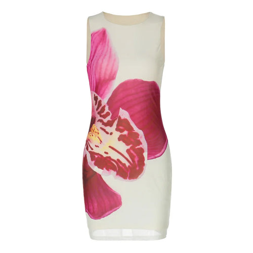 Load image into Gallery viewer, Mesh Floral Print Sexy Mini Dress Women Robe Summer New O Neck Sleeveless Slim Beach Holiday Bodycon Club Dress
