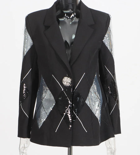 Hit Color Slimming Spliced Diamonds Blazers For Women Lapel Kong Sleeve Temperament Coats Female Fashion Style New