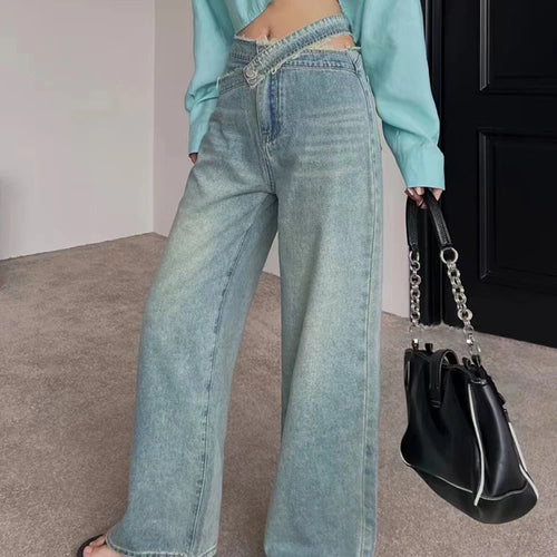 Load image into Gallery viewer, Denim Hollow Out Jeans For Women High Waist Patchwork Button Loose Irregular Autumn Wide Leg Pants Female

