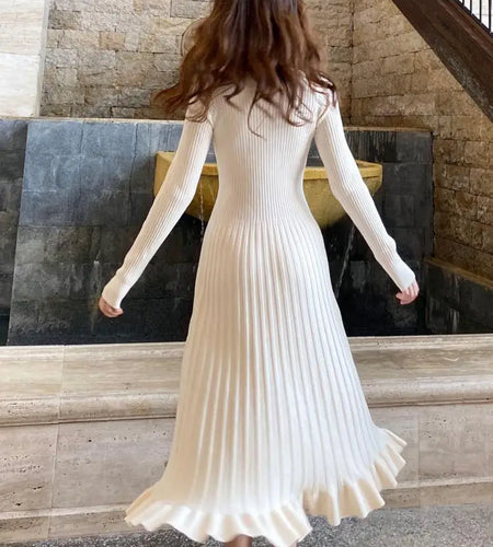 Women Retro White Long Sleeve Dresses Pink V-neck Single Breasted High Waist Ladies Elegant New Black Slim Knitting Dress Korean