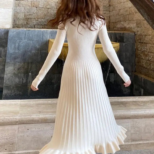 Load image into Gallery viewer, Women Retro White Long Sleeve Dresses Pink V-neck Single Breasted High Waist Ladies Elegant New Black Slim Knitting Dress Korean
