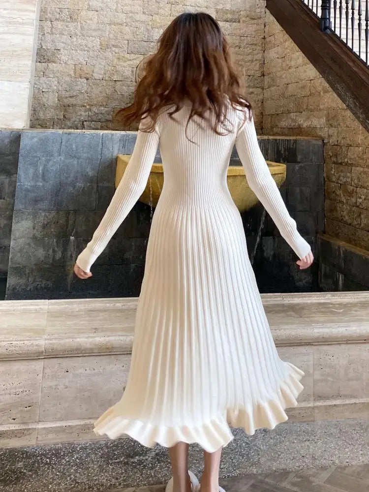 Women Retro White Long Sleeve Dresses Pink V-neck Single Breasted High Waist Ladies Elegant New Black Slim Knitting Dress Korean