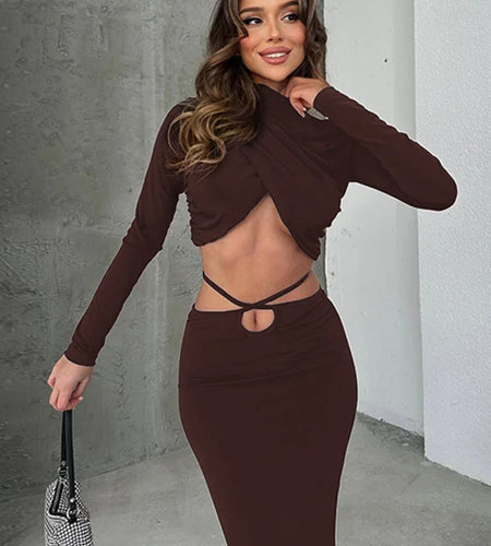 Sexy Skirt Two Pieces Sets For Women Long Sleeve Lace-up Crop Top And Long Skirt Elegant Bodycon Sexy Two Pieces Sets