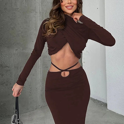 Load image into Gallery viewer, Sexy Skirt Two Pieces Sets For Women Long Sleeve Lace-up Crop Top And Long Skirt Elegant Bodycon Sexy Two Pieces Sets
