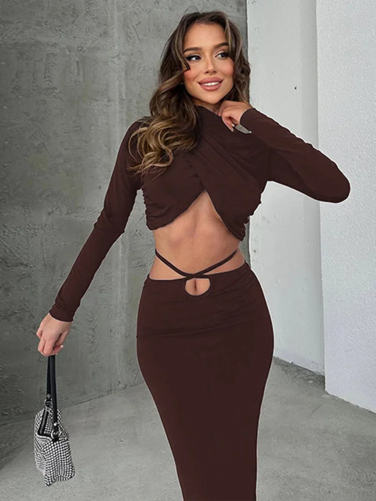 Sexy Skirt Two Pieces Sets For Women Long Sleeve Lace-up Crop Top And Long Skirt Elegant Bodycon Sexy Two Pieces Sets