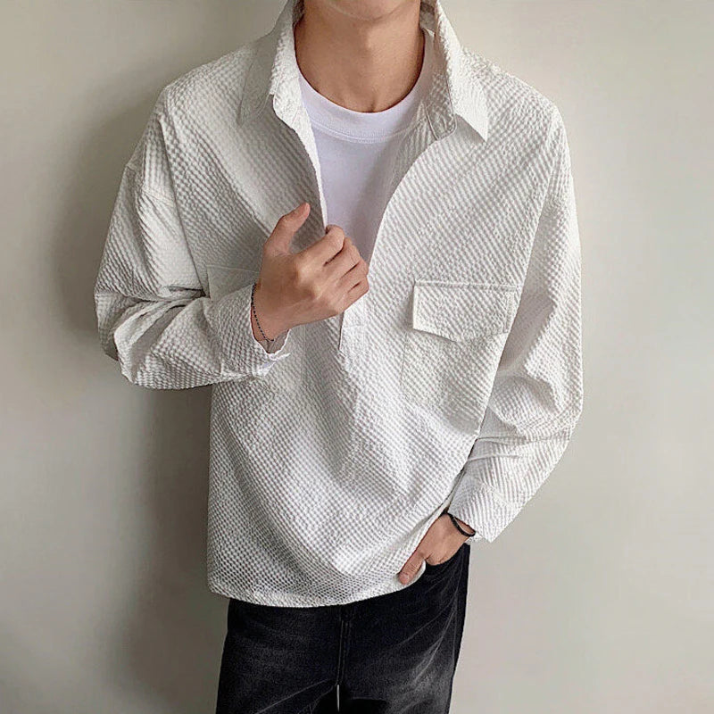 Men's Fashion T-shirt New Spring Turn-down Collar Handsome Single Breasted Solid Color Casual Male T-shirts 2025 9W1399