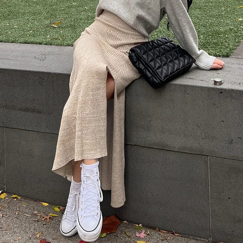 Load image into Gallery viewer, Fashion Elegant Knitted Sweater Autumn Skirt Side Slit Solid Slim High Waist Long Skirt Women Clothes Vintage A-Line
