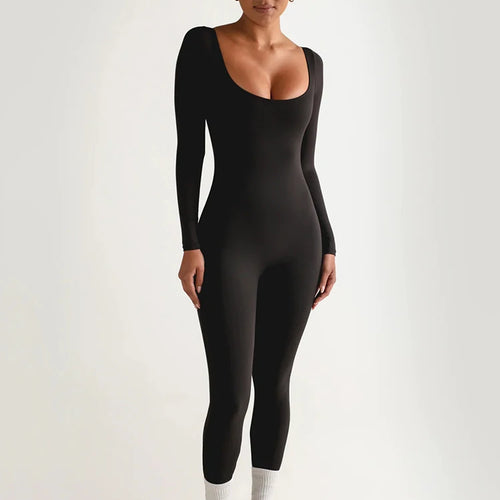 Load image into Gallery viewer, Square Neck Long Sleeve Zipper Women Jumpsuit Elastic Tight High Waist Playsuit Slim Sporty Casual Outdoor Street Romper
