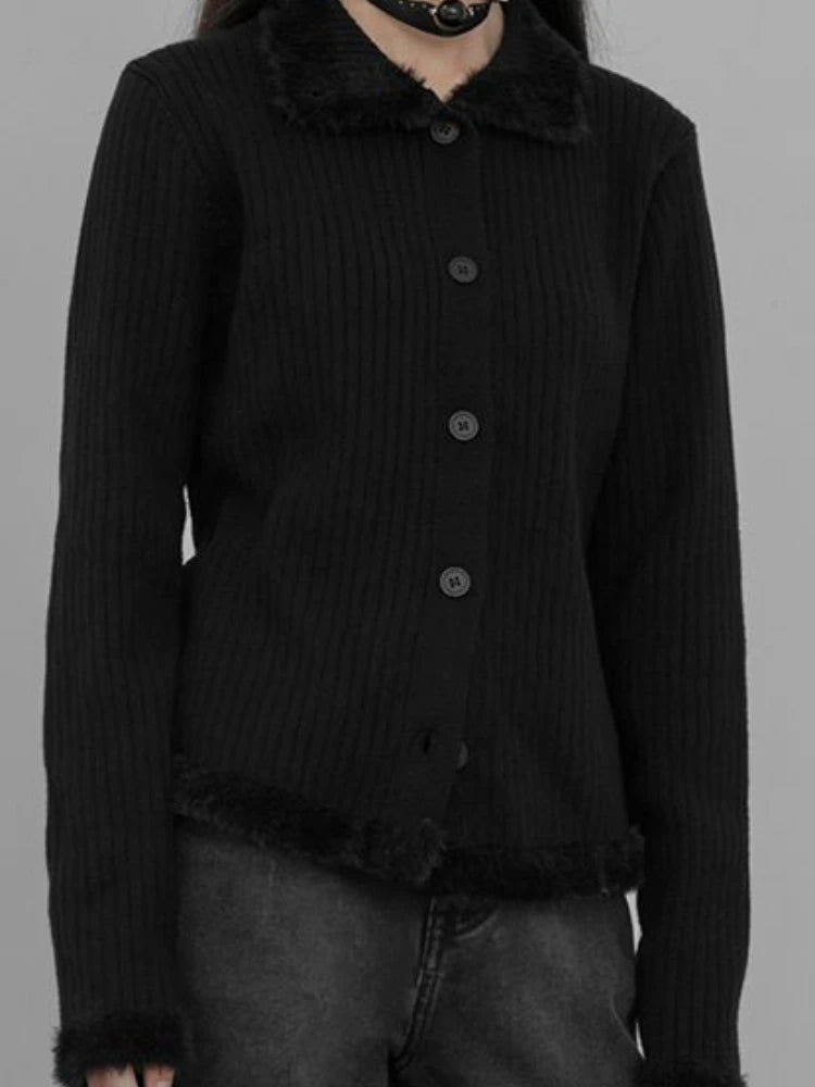 Y2k Aesthetic Fur Patchwork Casual Cardigan Streetwear Stand Neck Vintage Grunge Tops Autumn Single Breasted Harajuku Sweater
