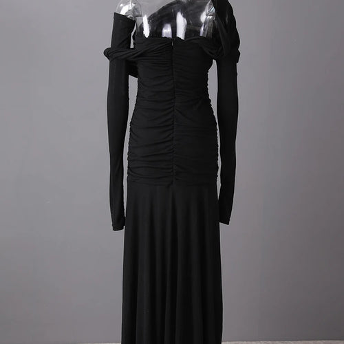 Load image into Gallery viewer, Women Black Pleated Elegant Slim Long Dress New Asymmetrical Collar Long Sleeve Fashion Tide Spring Autumn 2025 CPG2993
