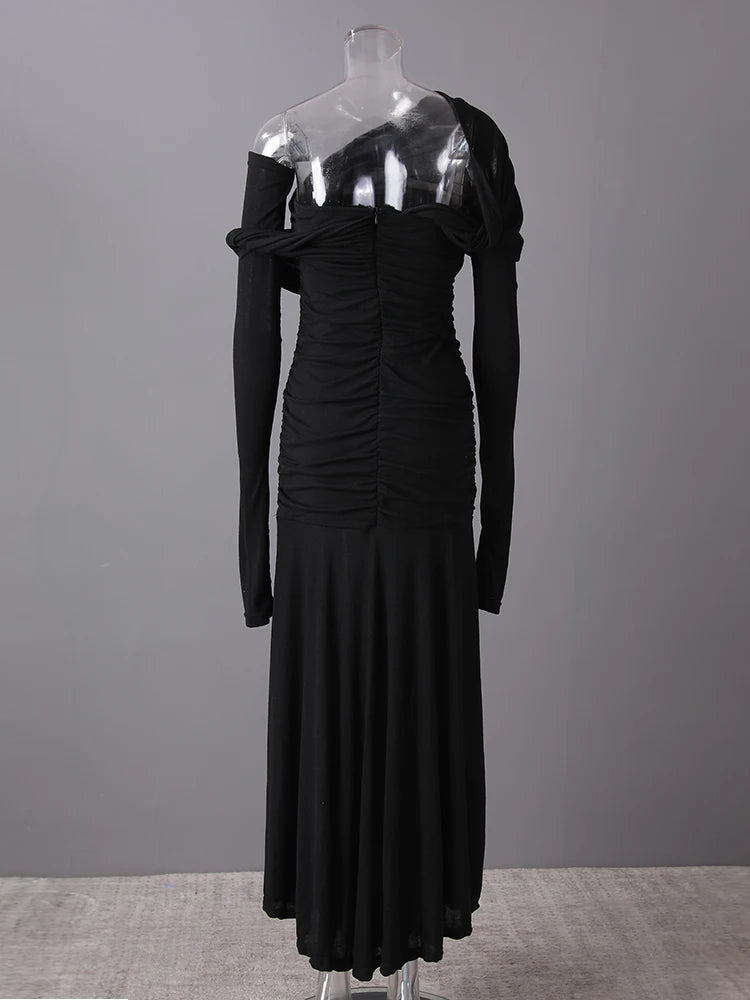 Women Black Pleated Elegant Slim Long Dress New Asymmetrical Collar Long Sleeve Fashion Tide Spring Autumn 2025 CPG2993
