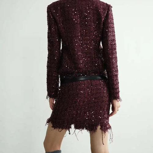 Load image into Gallery viewer, Wine Red Sequins Jacket Tassels Half-body Skirt Two Pieces Suit New Neck Women Fashion Tide Spring Autumn 2025 1DH8275
