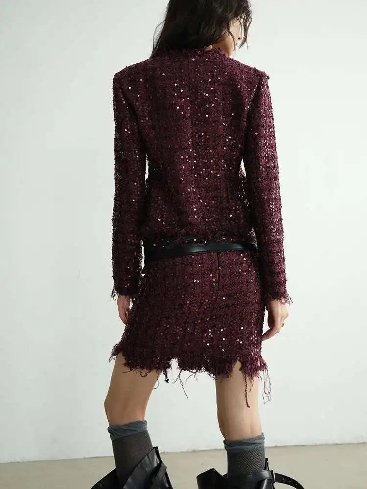 Wine Red Sequins Jacket Tassels Half-body Skirt Two Pieces Suit New Neck Women Fashion Tide Spring Autumn 2025 1DH8275