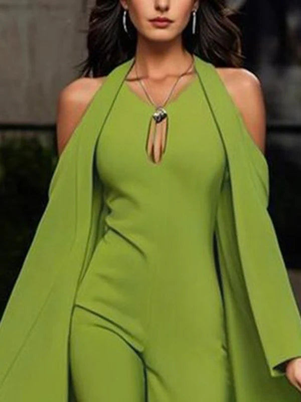 Spring Jumpsuits Woman Elegant Cold Shoulder Batwing Sleeves Summer Green One Pieces Outfit Luxury Casual Jumpsuit