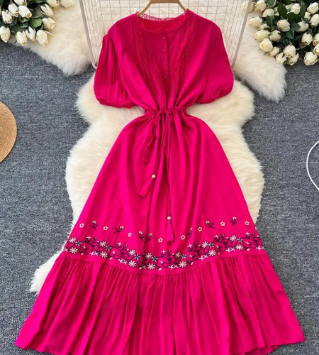 Retro 2024 Summer New Women's Round Neck Embroidered Lace Patchwork Lace Up Long Dresses Fashion Short Sleeves Button Dress Boho