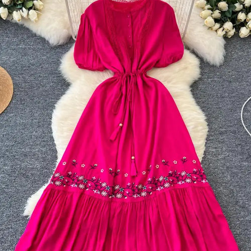 Load image into Gallery viewer, Retro 2024 Summer New Women's Round Neck Embroidered Lace Patchwork Lace Up Long Dresses Fashion Short Sleeves Button Dress Boho
