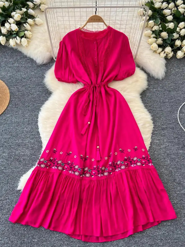 Retro 2024 Summer New Women's Round Neck Embroidered Lace Patchwork Lace Up Long Dresses Fashion Short Sleeves Button Dress Boho